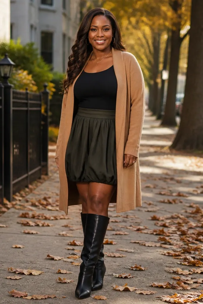 Black bodycon tank with camel long cardigan and black bubble skirt