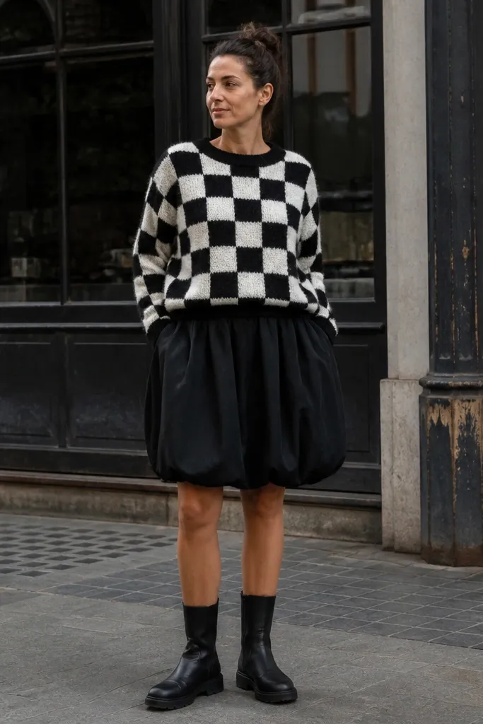 Checkerboard knit sweater with black bubble skirt and black boots