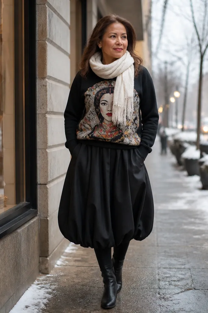 Black graphic sweater with cream scarf and black bubble skirt