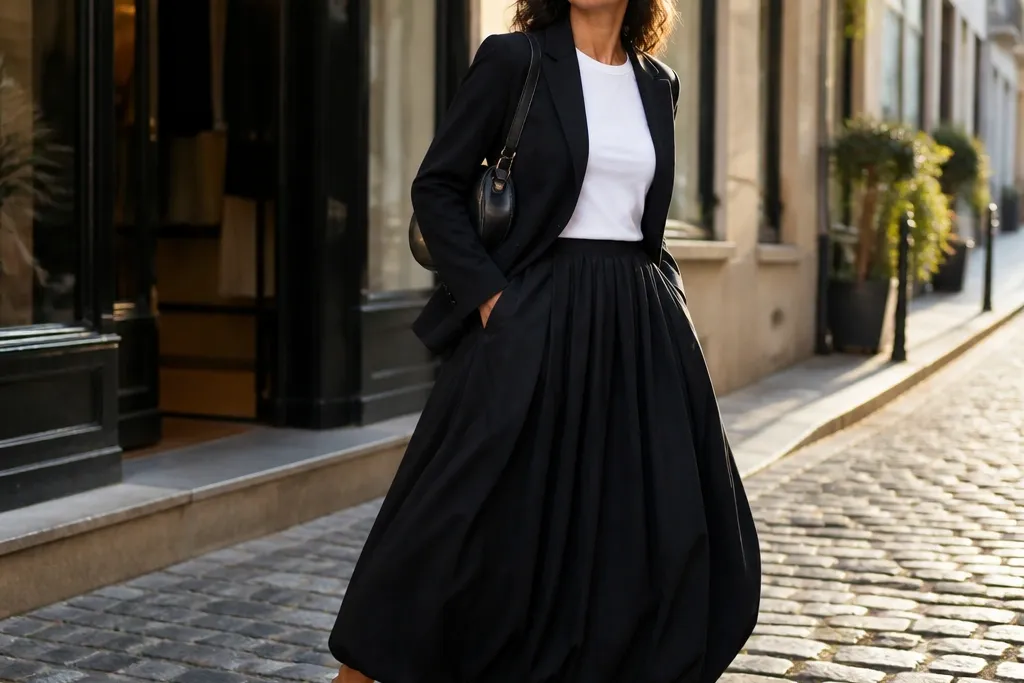 Capsule Wardrobe Black Bubble Skirt Outfit Ideas