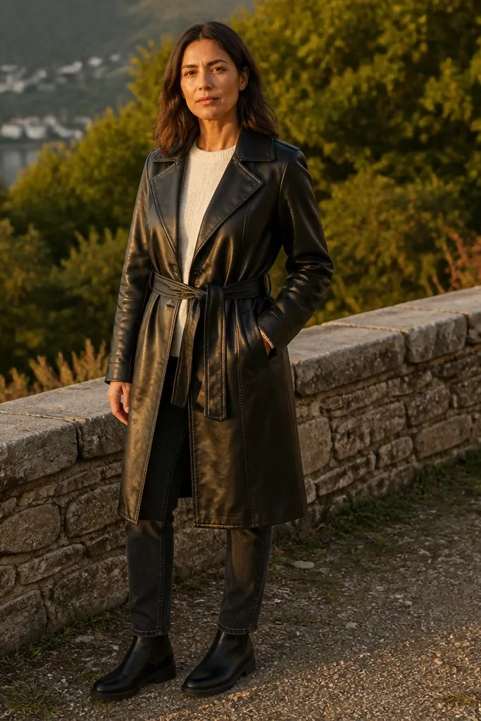 Black leather trench over white crewneck with charcoal straight jeans and white sneakers