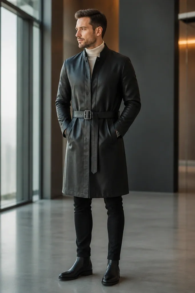 Black leather trench over cream turtleneck with black skinny trousers and black loafers