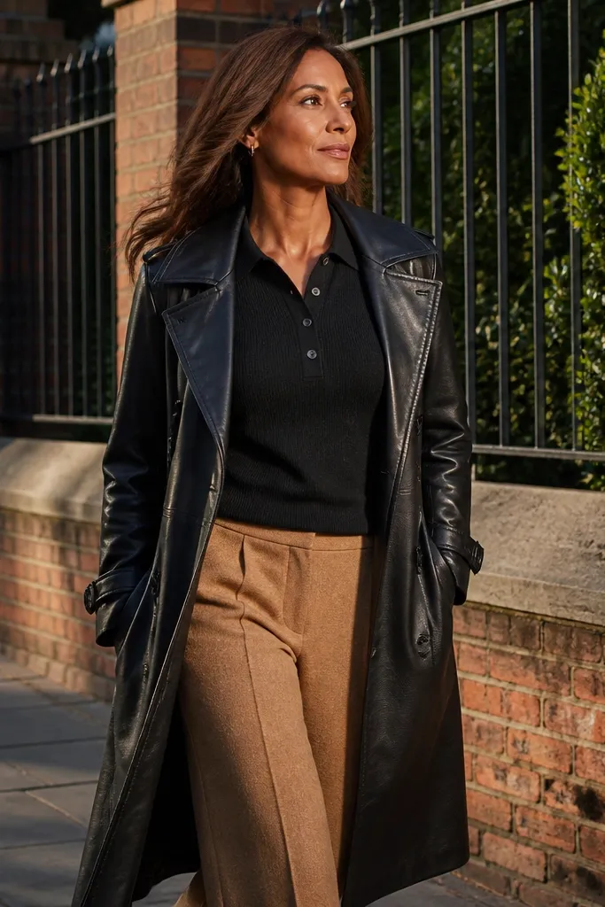 Black leather trench over black knit polo with camel wool trousers and dark brown boots