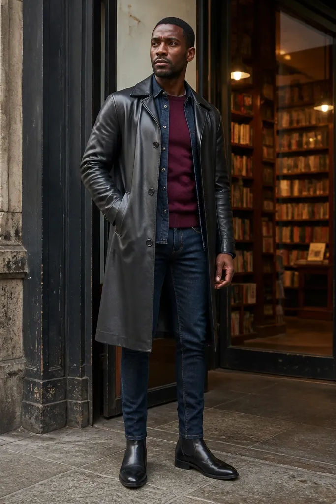 Black leather trench over burgundy sweater with indigo slim jeans and black Chelsea boots