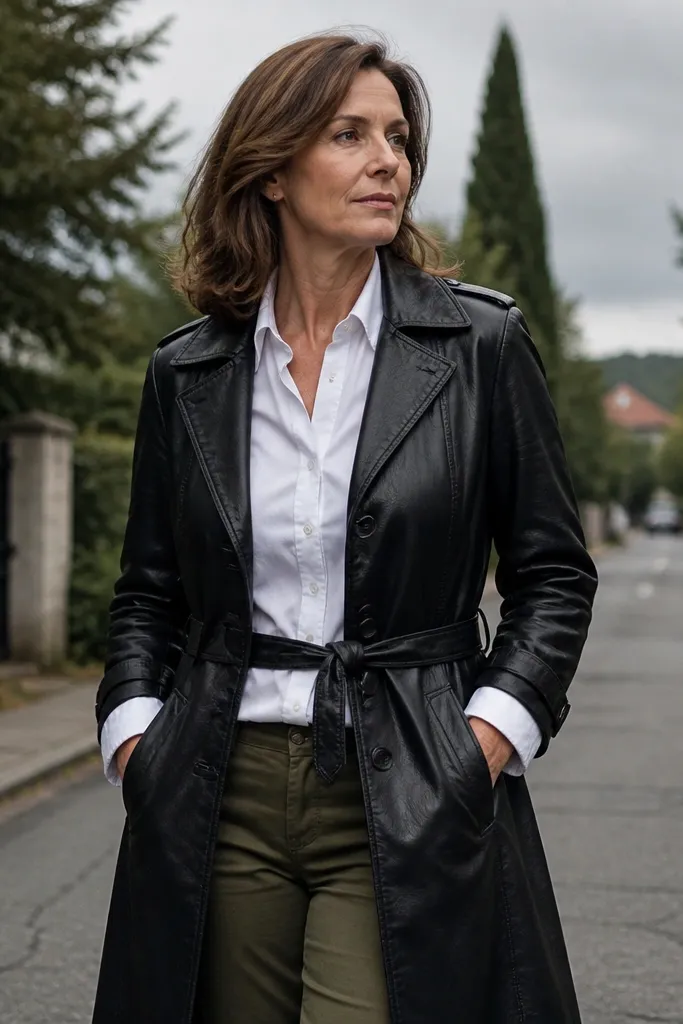 Black leather trench over white oxford shirt with olive chinos and brown lace-up shoes