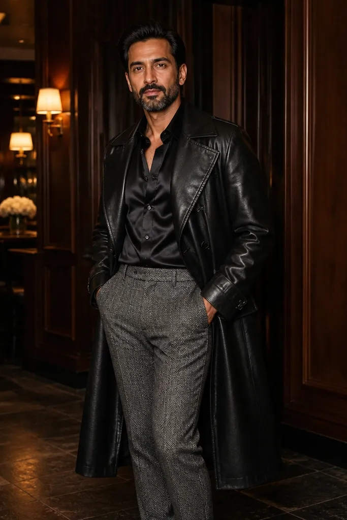 Black leather trench with black satin shirt and gray herringbone trousers and black dress shoes