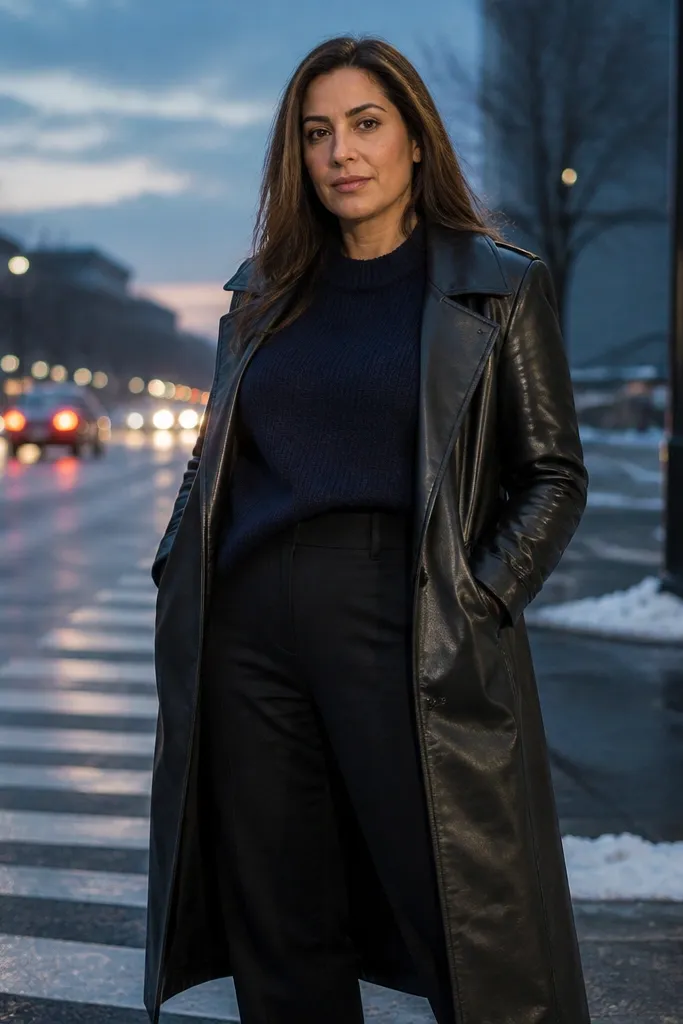 Black leather trench over navy knit sweater with black straight pants and dark brown boots