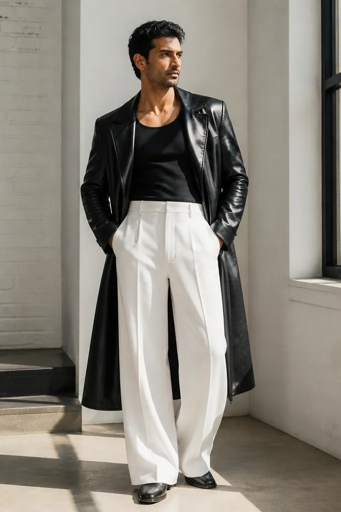 Black leather trench over black camisole with white wide-leg trousers and black ankle boots