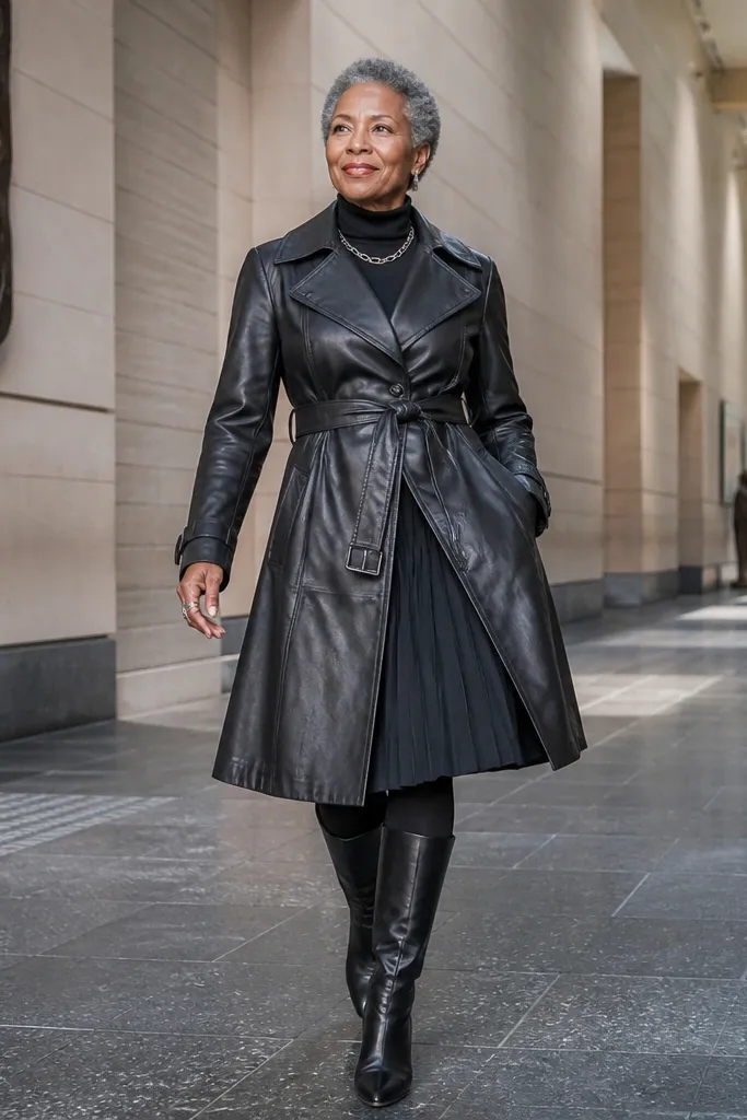 Black leather trench over black pleated skirt with black tights and tall black boots