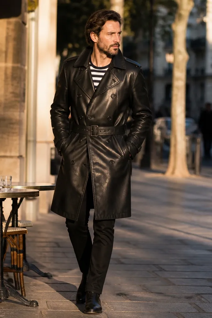 Black leather trench over striped Breton tee with black slim pants and white sneakers