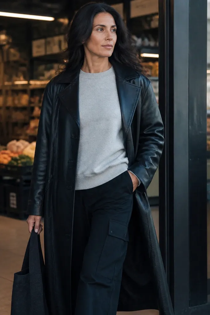 Black leather trench over light gray sweatshirt with black cargo pants and black sneakers