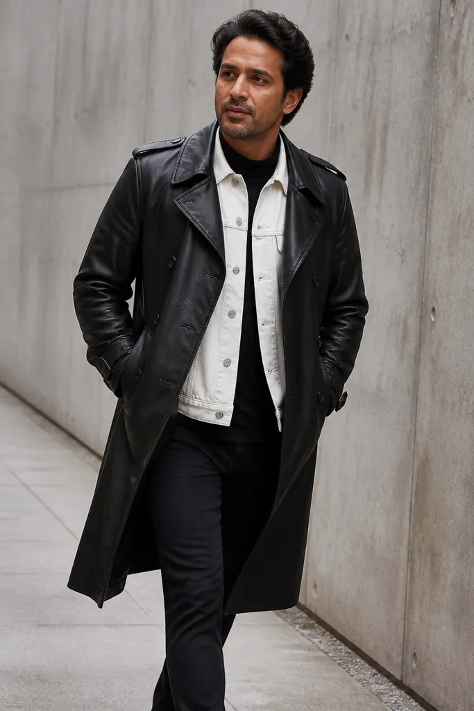 Black leather trench over white denim shirt with black jeans and black Chelsea boots