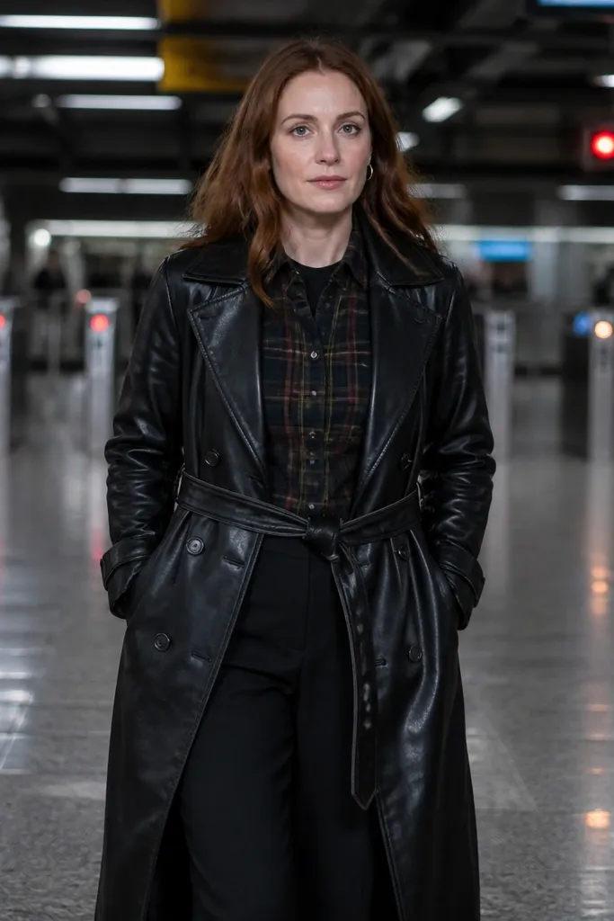 Black leather trench over dark plaid overshirt with black trousers and black lace-up shoes