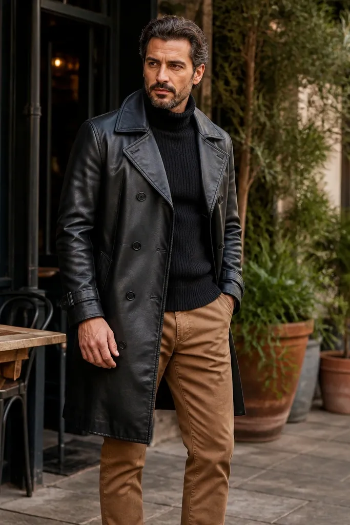 Black leather trench over knit turtleneck with camel chinos and dark brown loafers