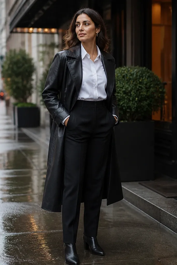 Black leather trench over white shirt with black suit trousers and black dress shoes