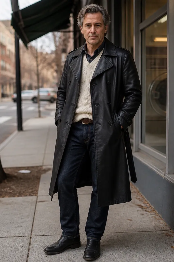 Black leather trench over cream sweater vest with dark jeans and black boots