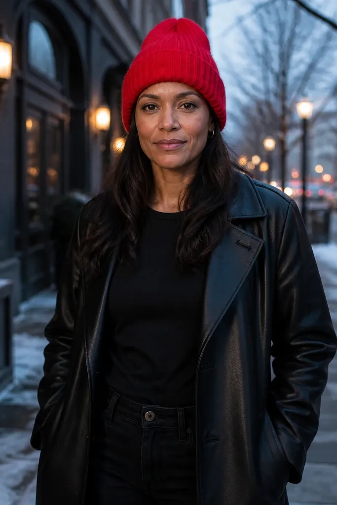 Black leather trench with black outfit and red knit beanie and black boots