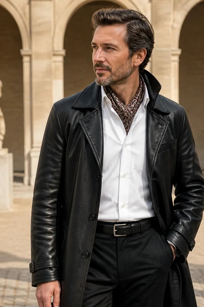 Black leather trench over white button shirt with black belt and patterned scarf and black boots