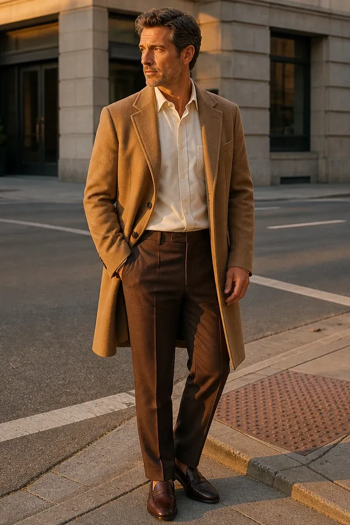 Cream oxford shirt with brown dress pants, camel topcoat, dark brown loafers