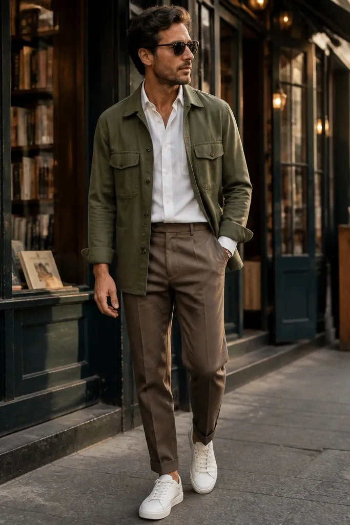 Olive overshirt with brown dress pants, white sneakers, rolled cuffs