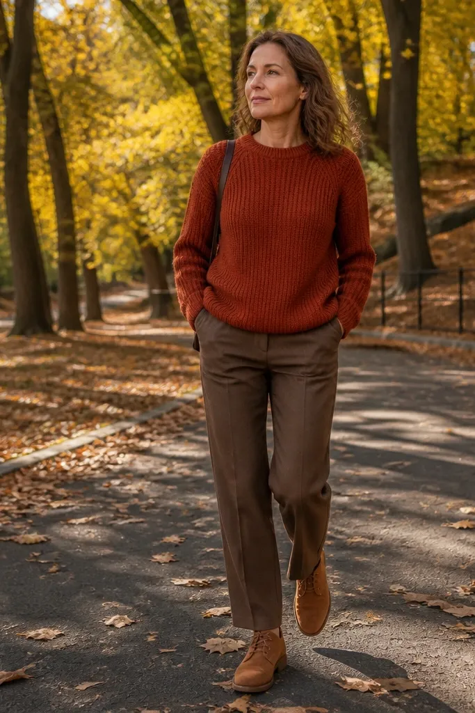 Rust knit crewneck with brown dress pants and tan suede desert boots