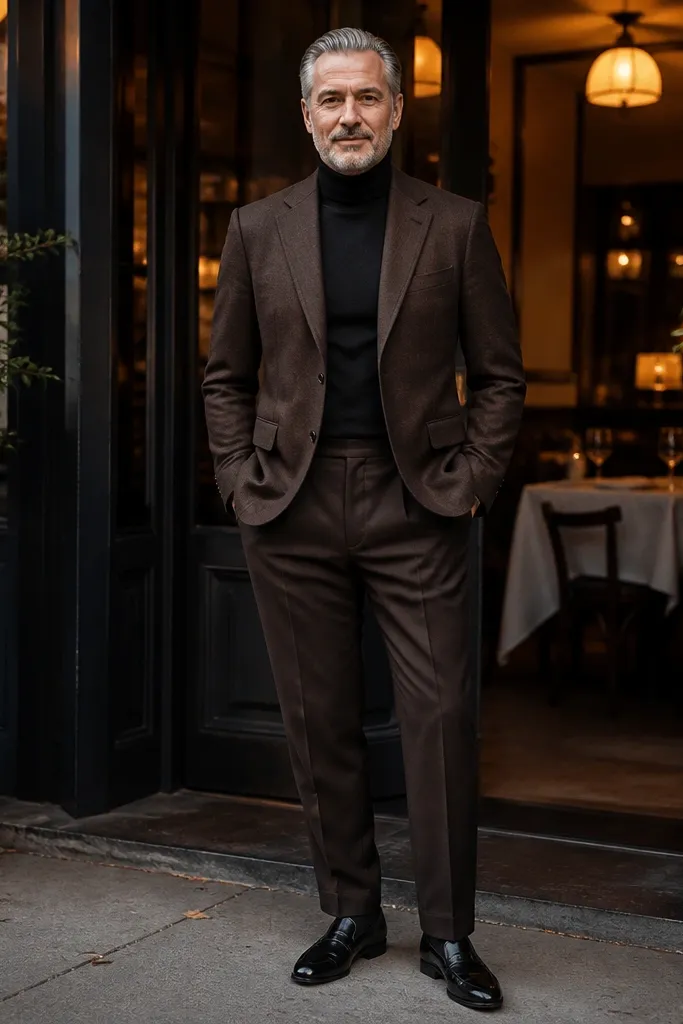 Black turtleneck with brown dress pants, chocolate blazer, black loafers