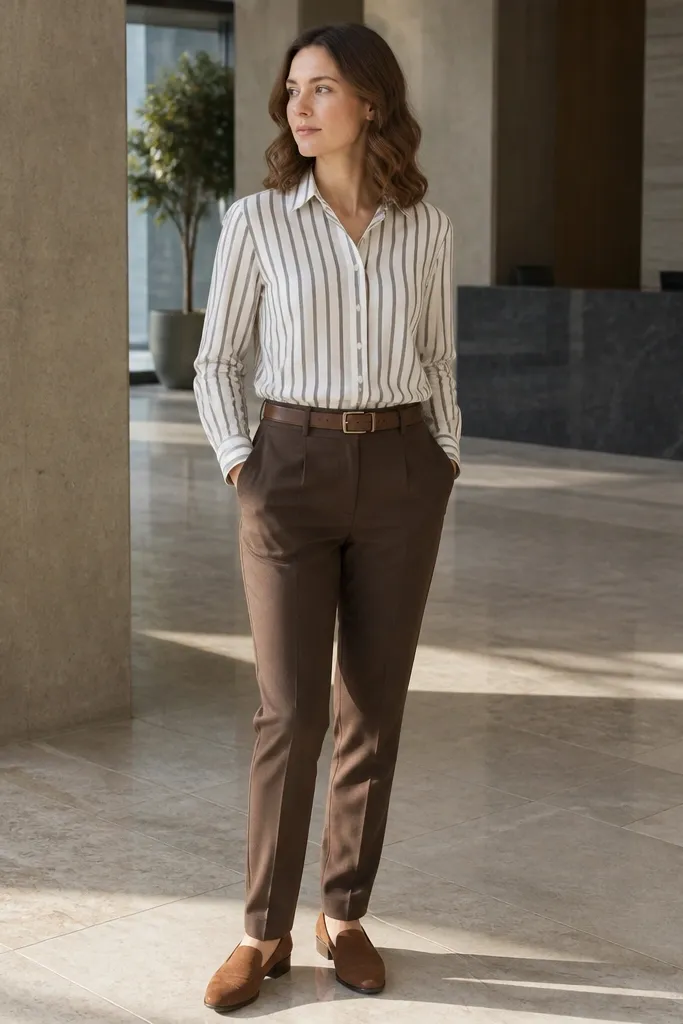 Off-white and gray striped shirt with brown dress pants and brown suede shoes