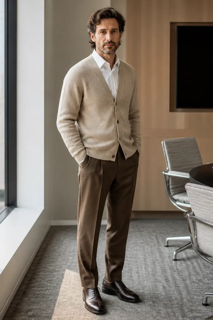 White button-down under tan knit cardigan with brown dress pants and dark brown oxfords