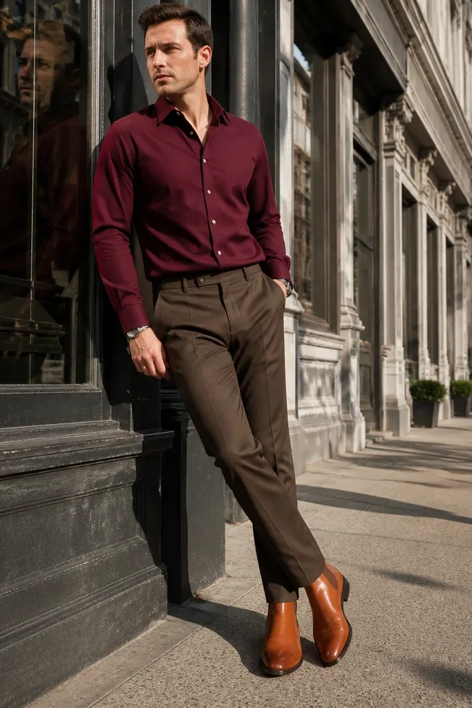 Burgundy dress shirt with brown dress pants and cognac leather boots