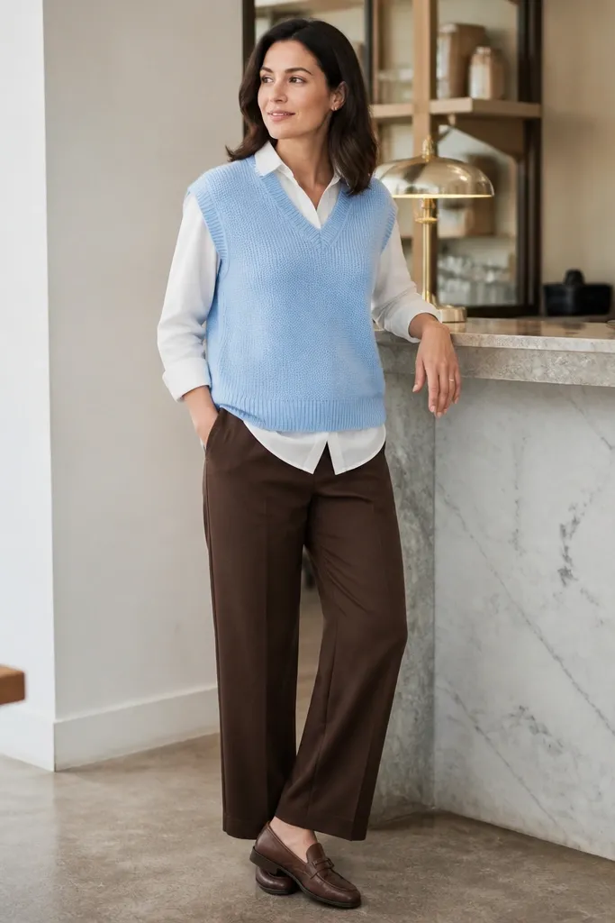 Powder blue sweater vest over white shirt with brown dress pants and brown loafers
