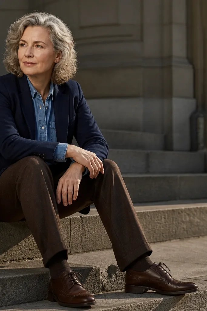 Navy blazer with chambray shirt, brown dress pants, dark brown wingtip shoes