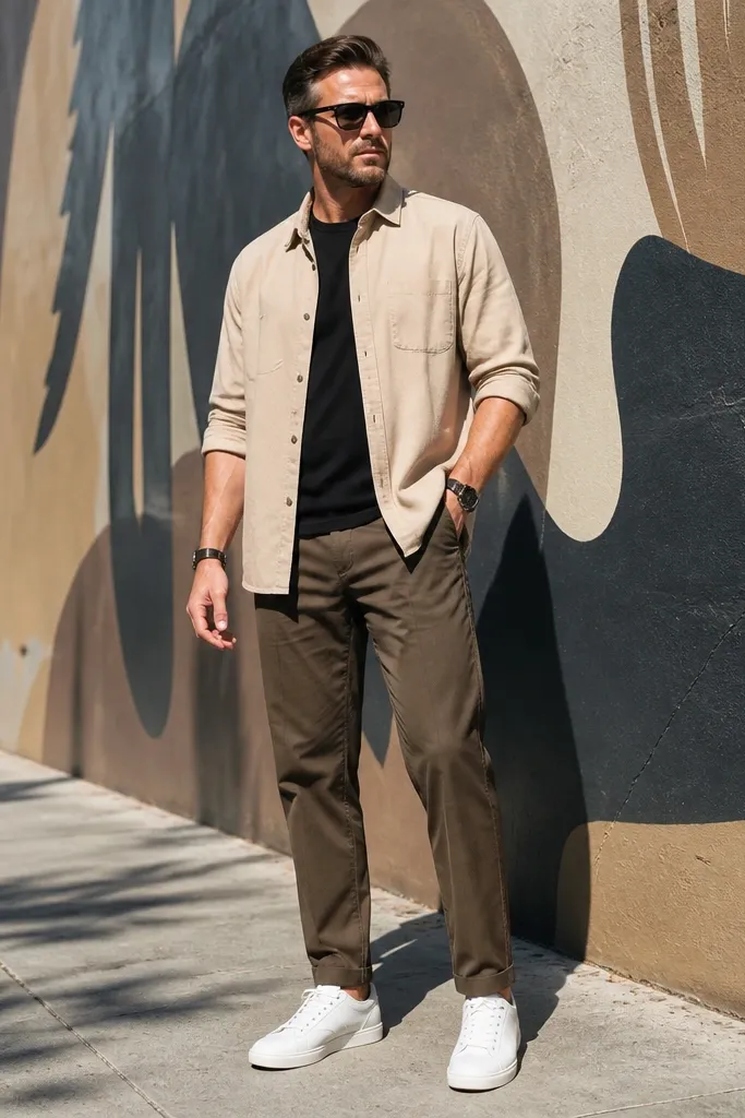 Sand overshirt with black t-shirt, brown dress pants, white sneakers
