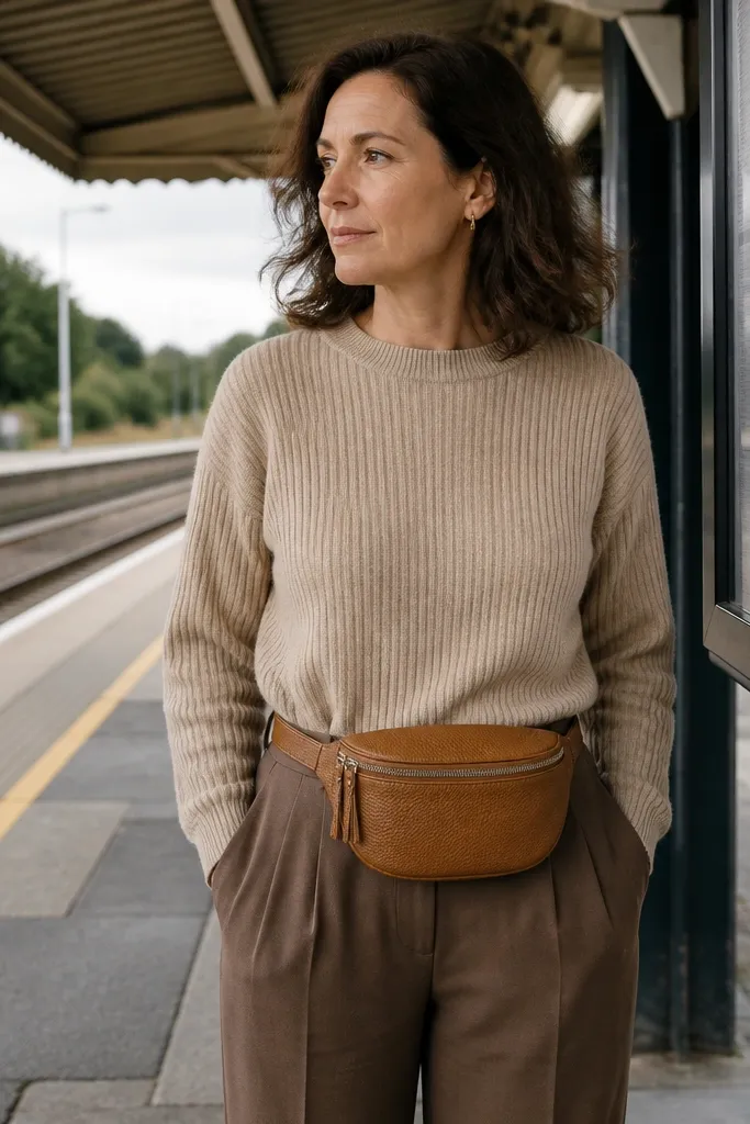 Biscuit sweater with brown dress pants and a leather belt bag