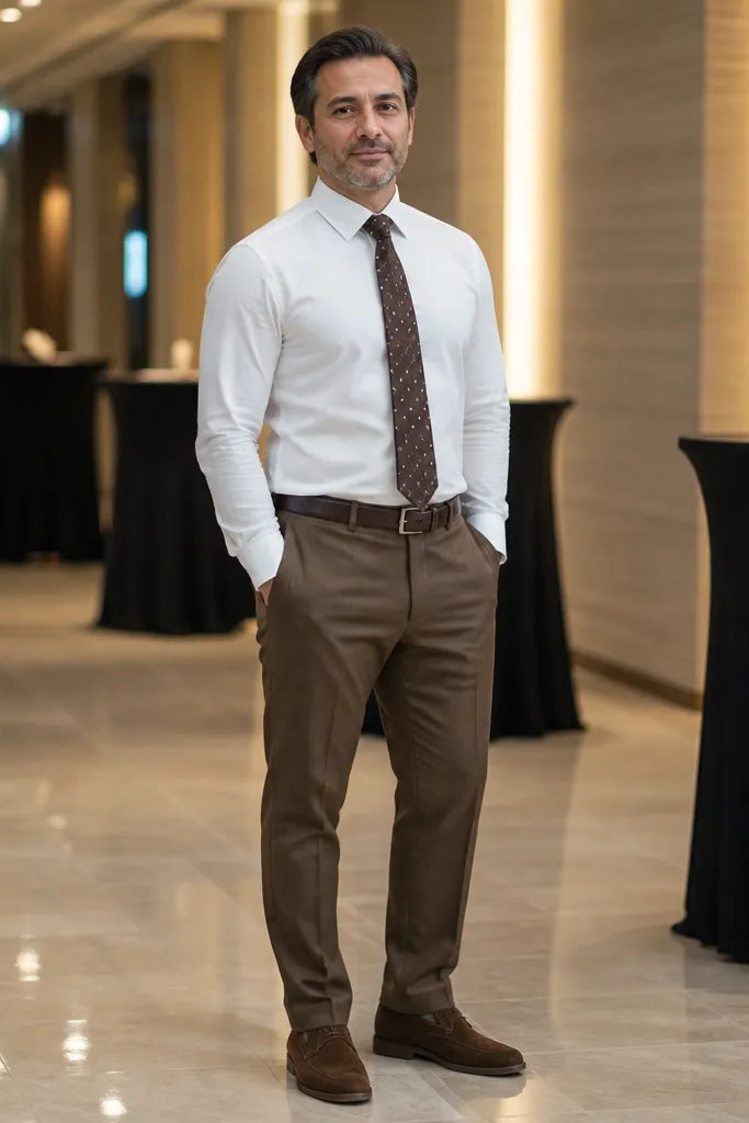 White shirt with small-dot tie, brown dress pants, chestnut leather shoes