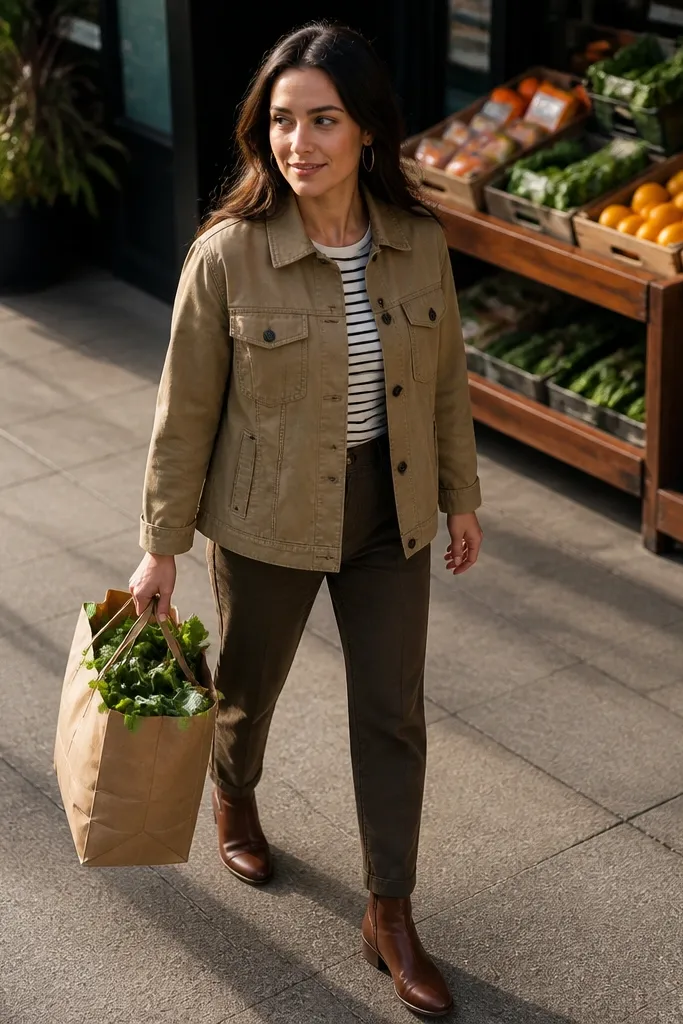 Khaki shirt jacket over striped tee with brown dress pants and brown boots