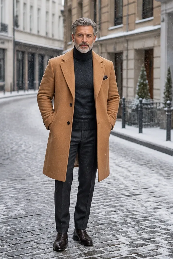 Charcoal turtleneck with brown dress pants, camel overcoat, dark espresso shoes