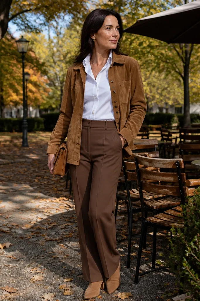 White poplin shirt with brown dress pants, light brown suede jacket, tan boots