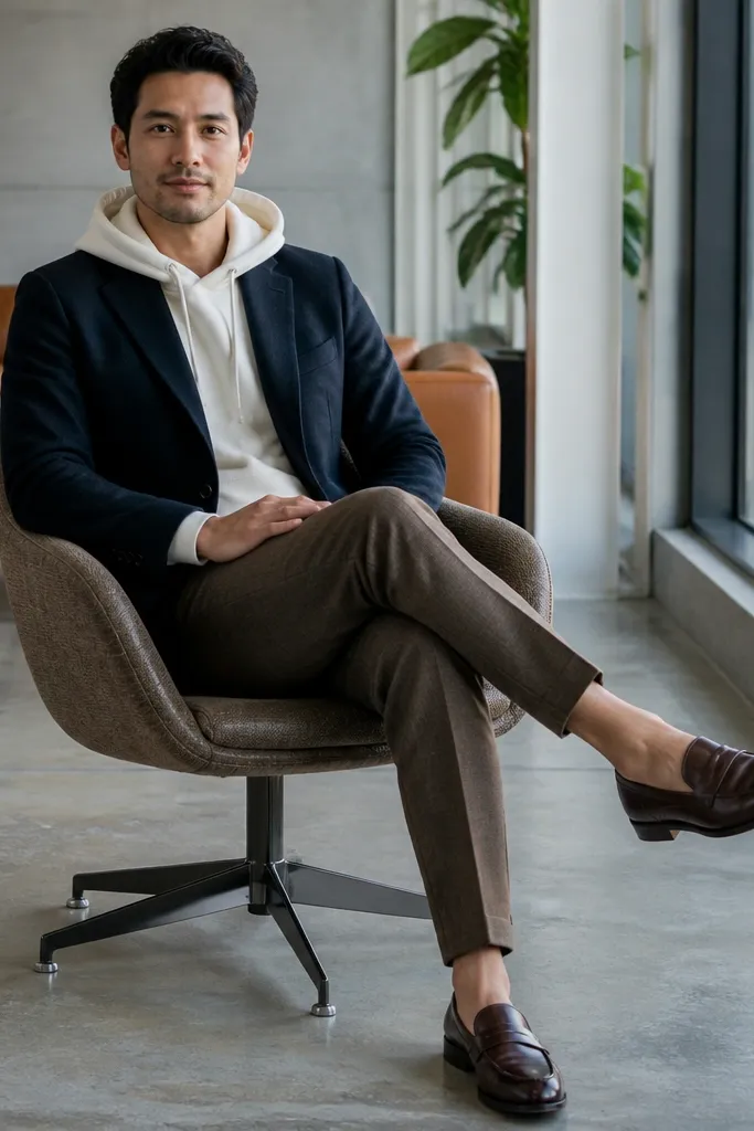 Cream hoodie under blazer with brown dress pants and dark brown loafers
