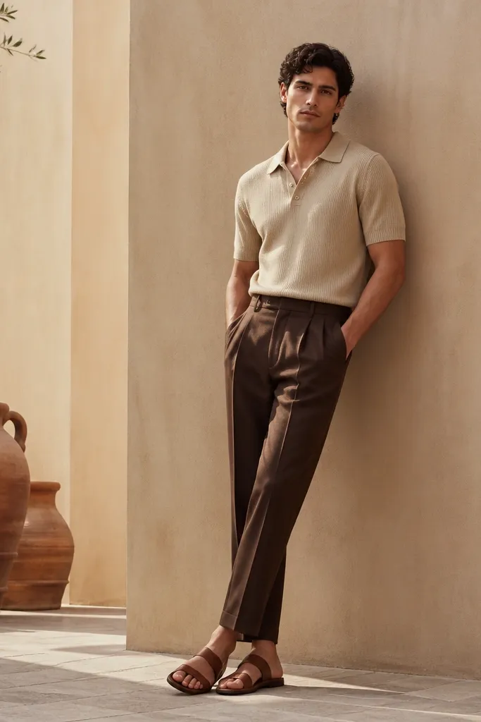Biscuit knit polo with brown dress pants and brown leather sandals