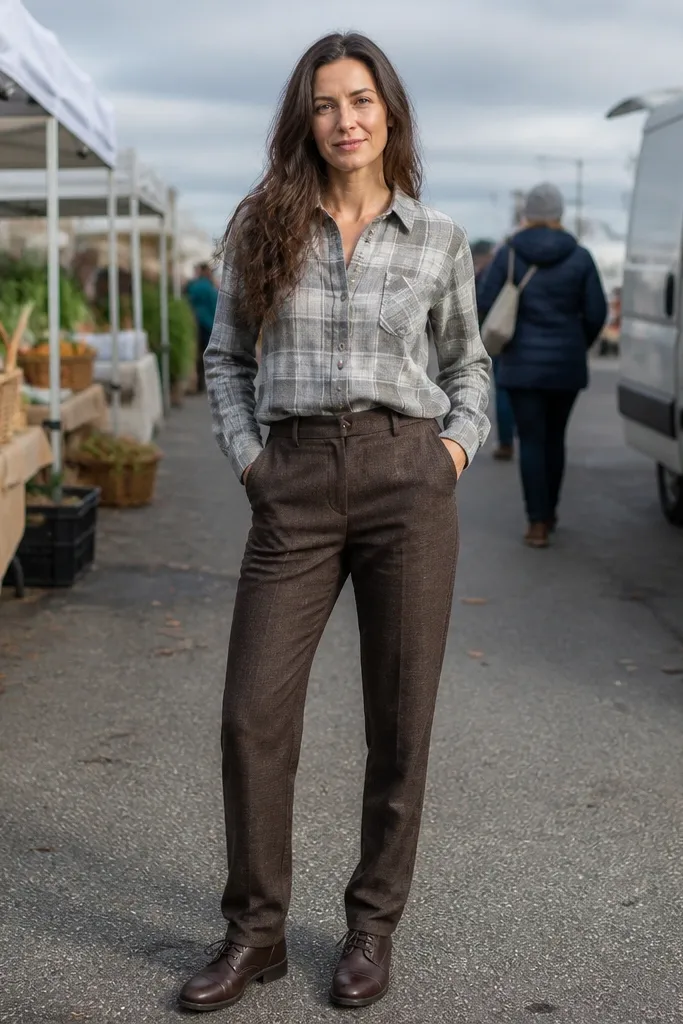 Light gray flannel shirt with brown dress pants and dark brown lace-up shoes