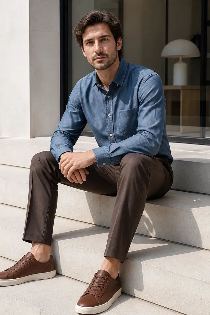 Navy chambray shirt with brown dress pants and minimalist leather sneakers
