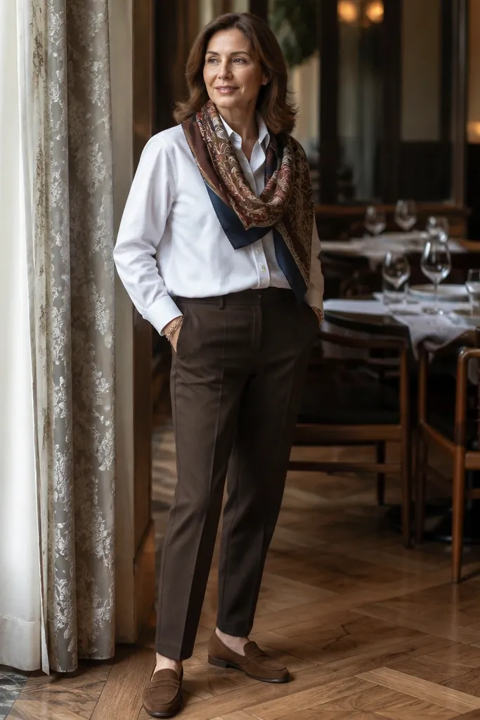 White shirt with brown dress pants, patterned scarf, suede loafers