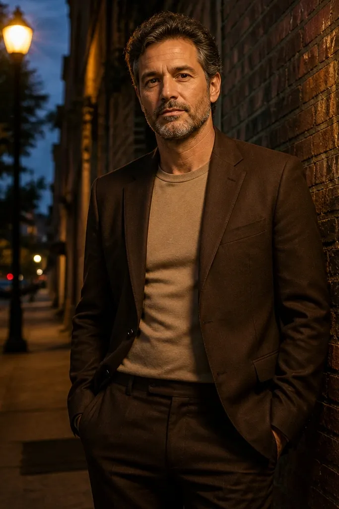 Camel t-shirt with dark brown blazer and brown dress pants, brown leather shoes