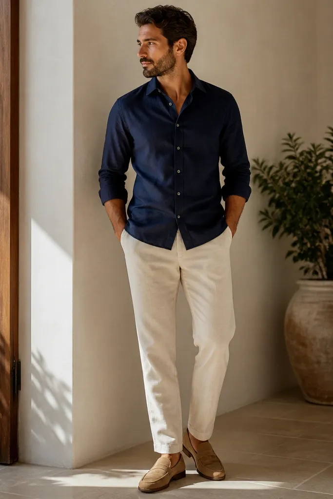 Navy button-up shirt with beige trousers and tan loafers
