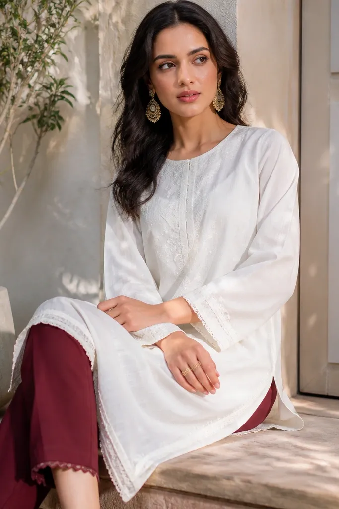 White kurta with maroon straight pants and gold earrings