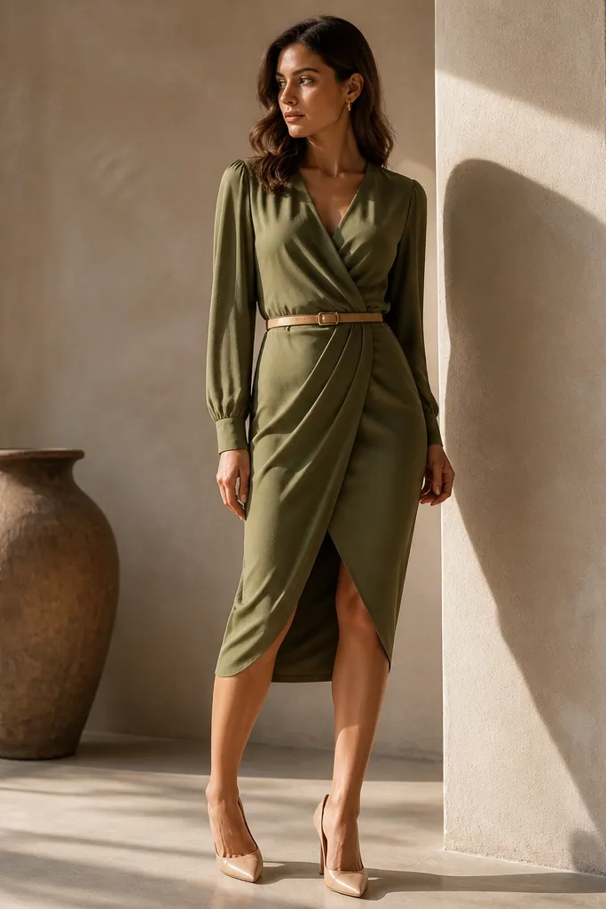 Olive wrap dress with nude heels and a slim belt