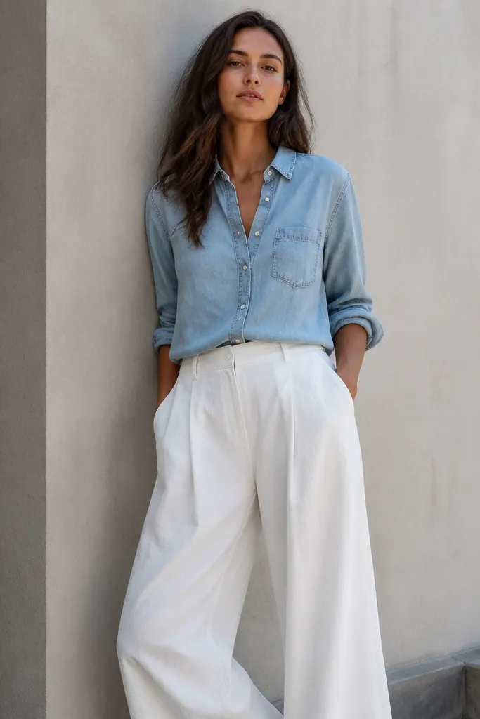 Light blue chambray shirt with white wide-leg trousers