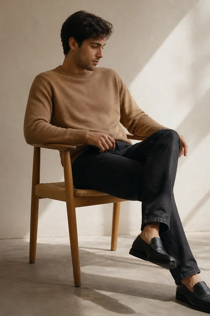 Camel sweater with black straight jeans and black loafers