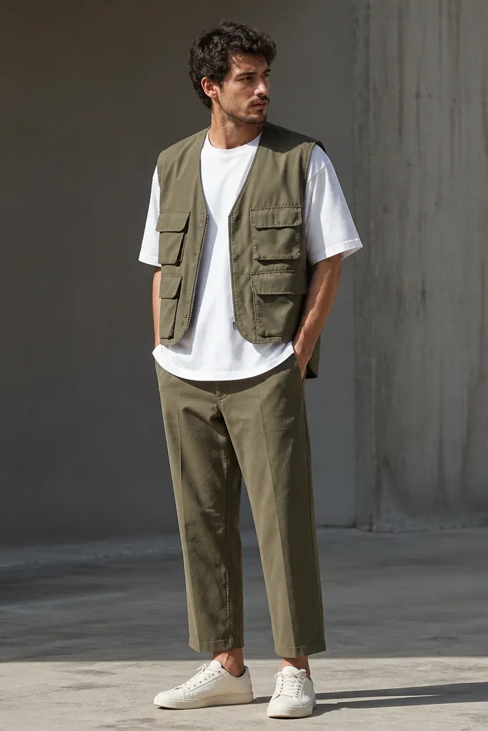 White tee with olive utility vest and cropped trousers