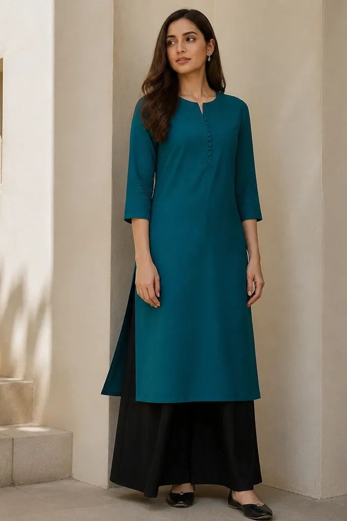 Teal straight kurta with black palazzos and black flats